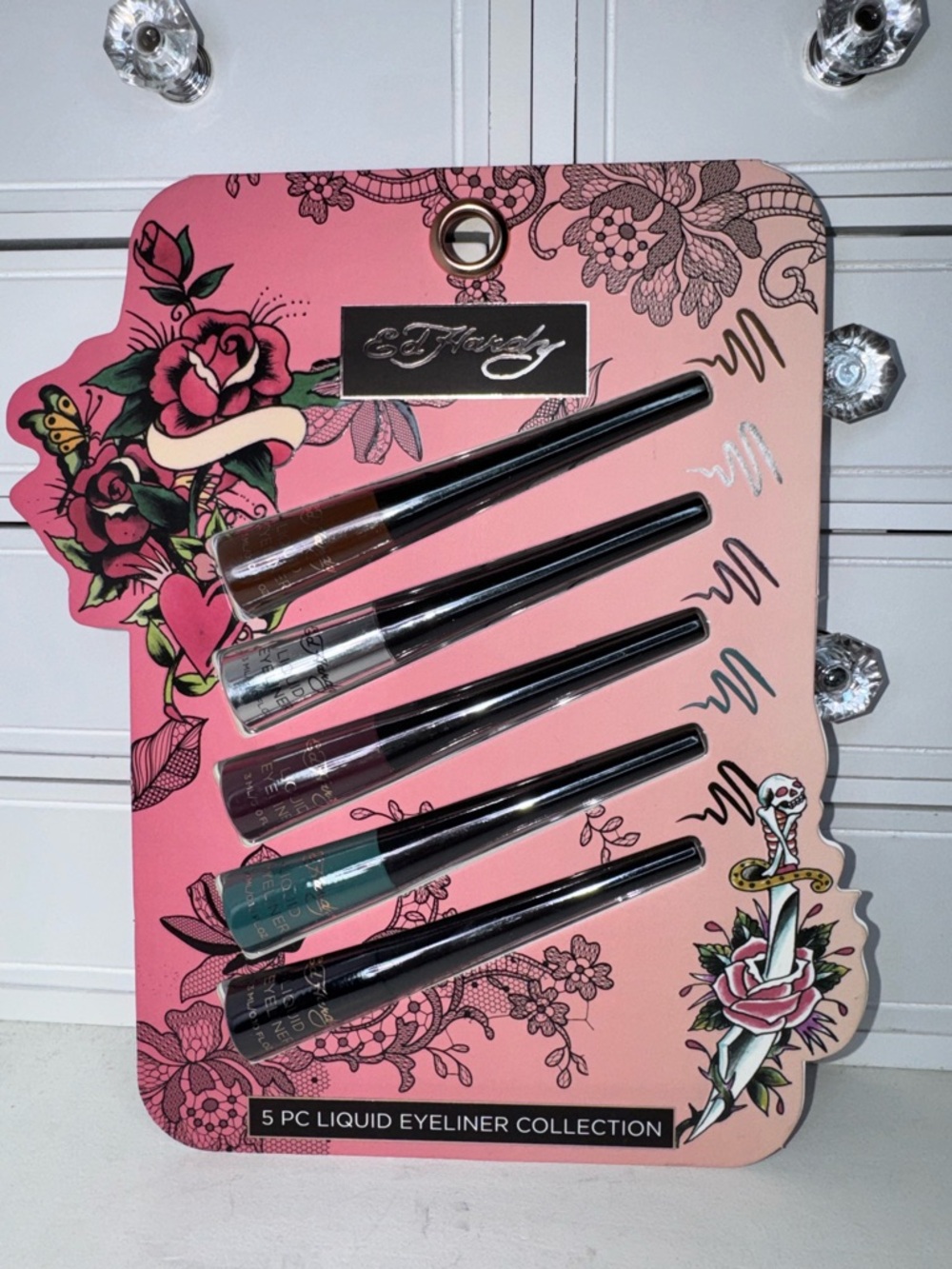 NWT Ed Hardy 5-Piece Liquid Eyeliner Set - Black, Brown, Silver, Teal, Plum